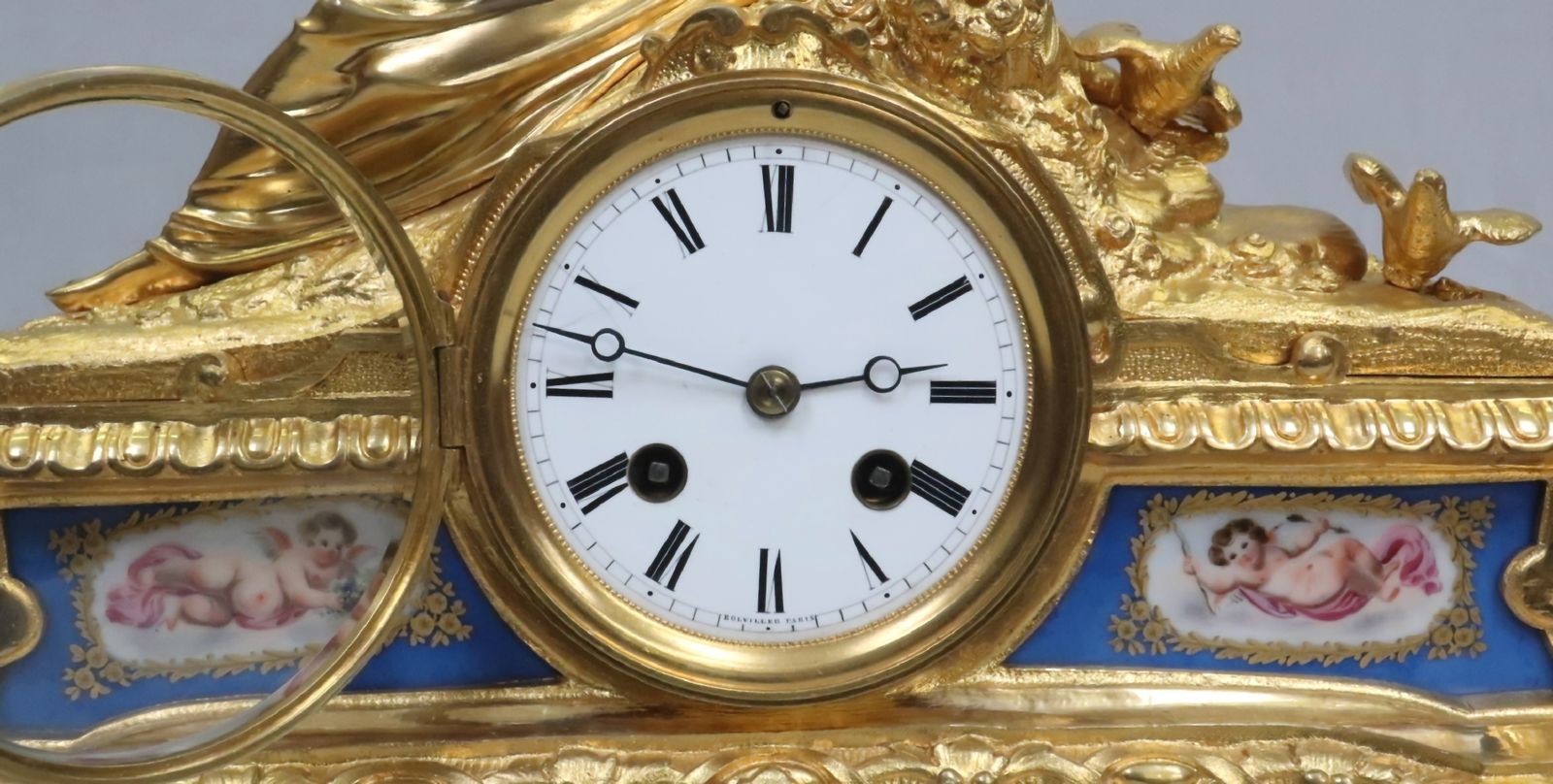 French Victorian Bronze Gilt And Porcelain Mantel Clock By Vincenti photo for sale