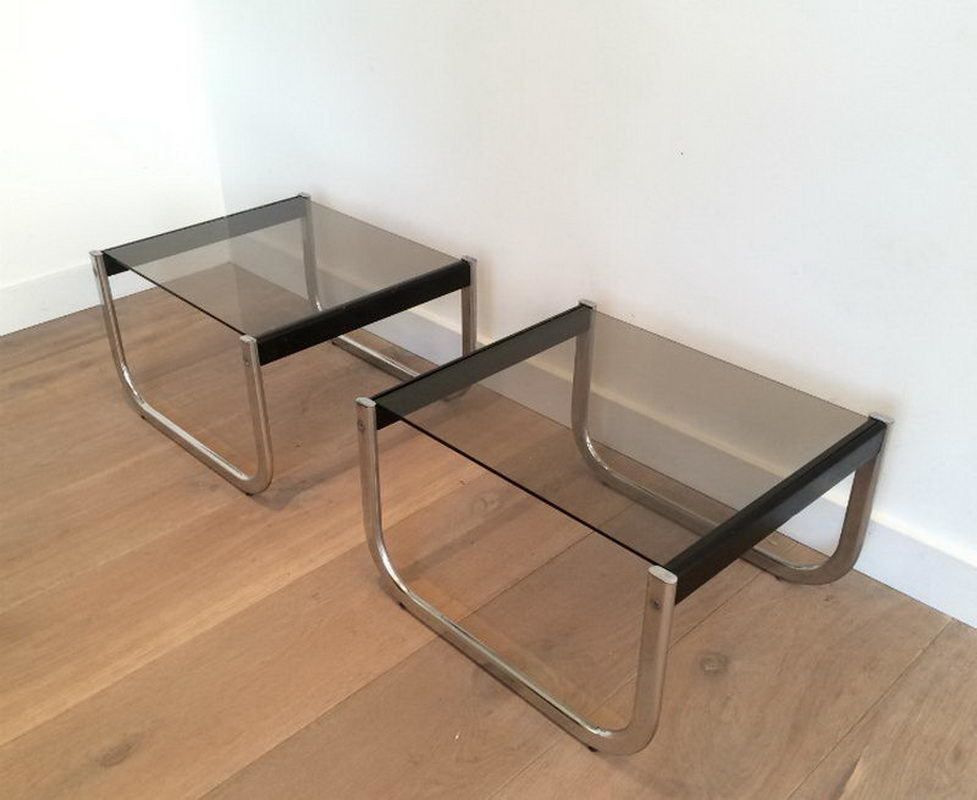 Pair Of Chrome, Black Wood And Glass Side Tables. Circa 1970 photo Furniture