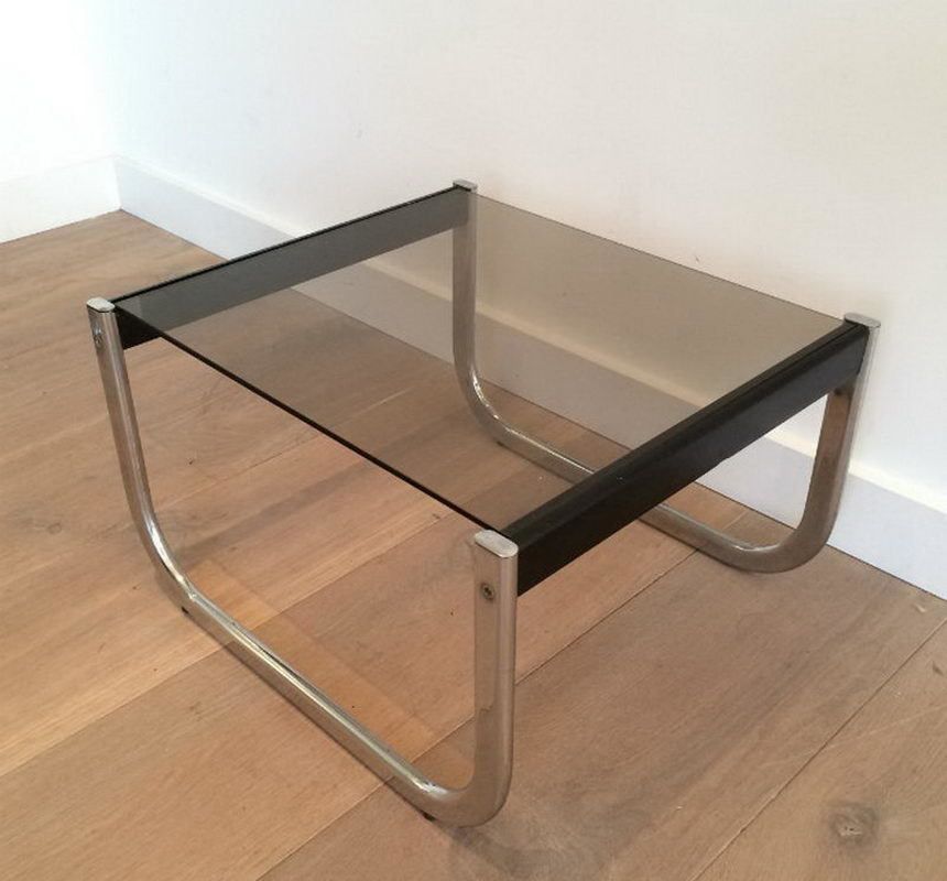 Pair Of Chrome, Black Wood And Glass Side Tables. Circa 1970 photo 780.0
