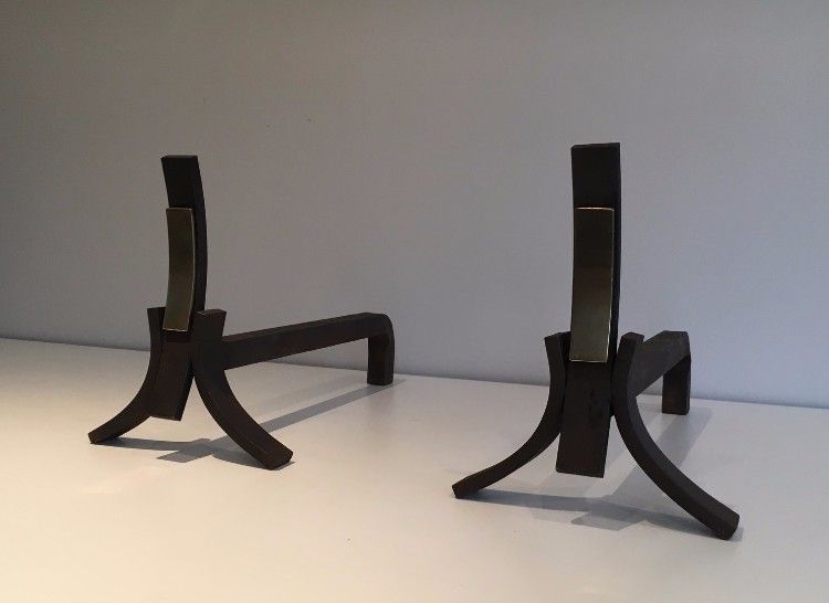 Brushed Steel And Brass Andirons. Circa 1950 photo Home Fixtures