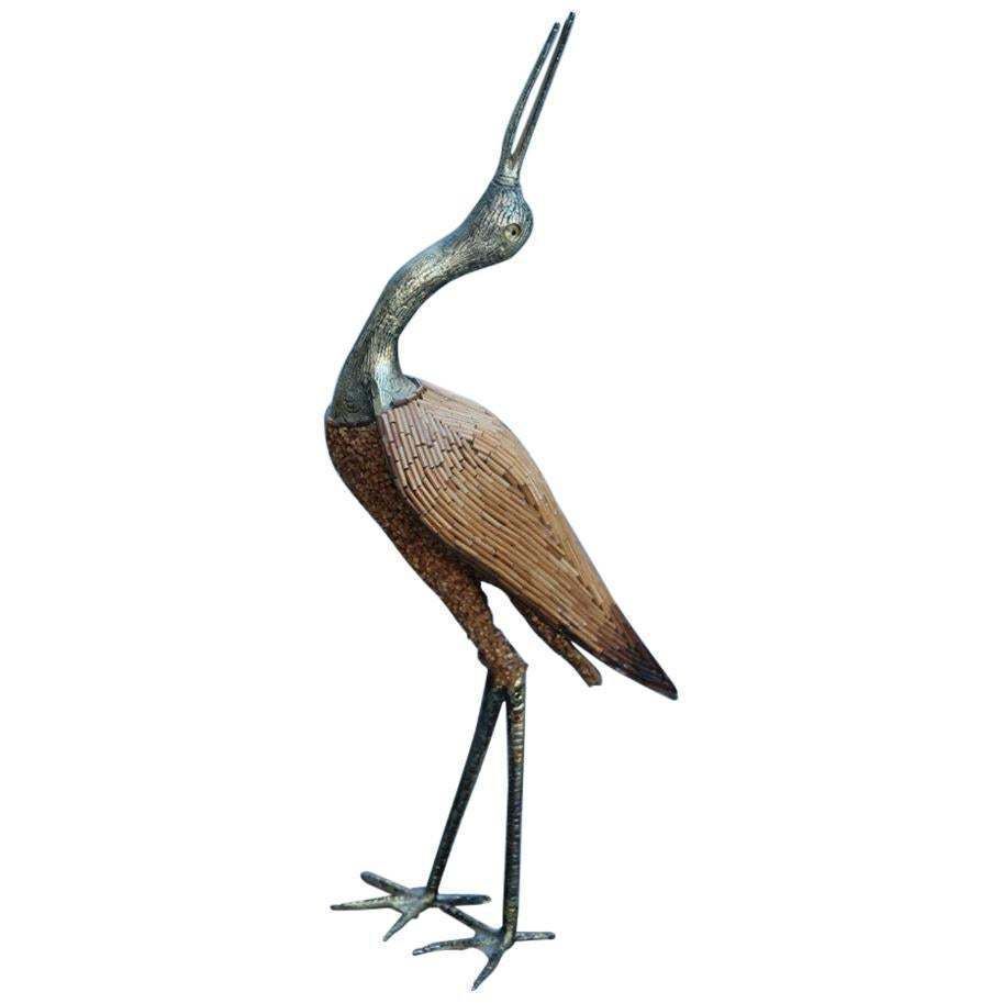 Heron 1970s Italian Design Golden Metal And Bamboo Cane Fabrics