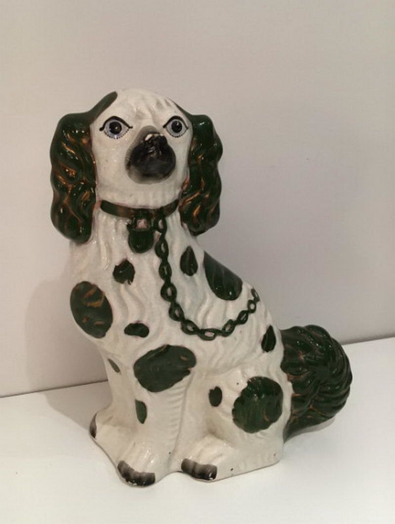 Staffordshire. Tall White And Green King Charles. Circa 1880 photo for sale