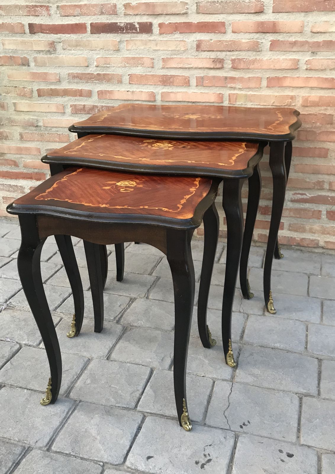 photo for sale 20th Century Nest Of 3 Marquetry Side Tables With Cabriole Shaped Legs