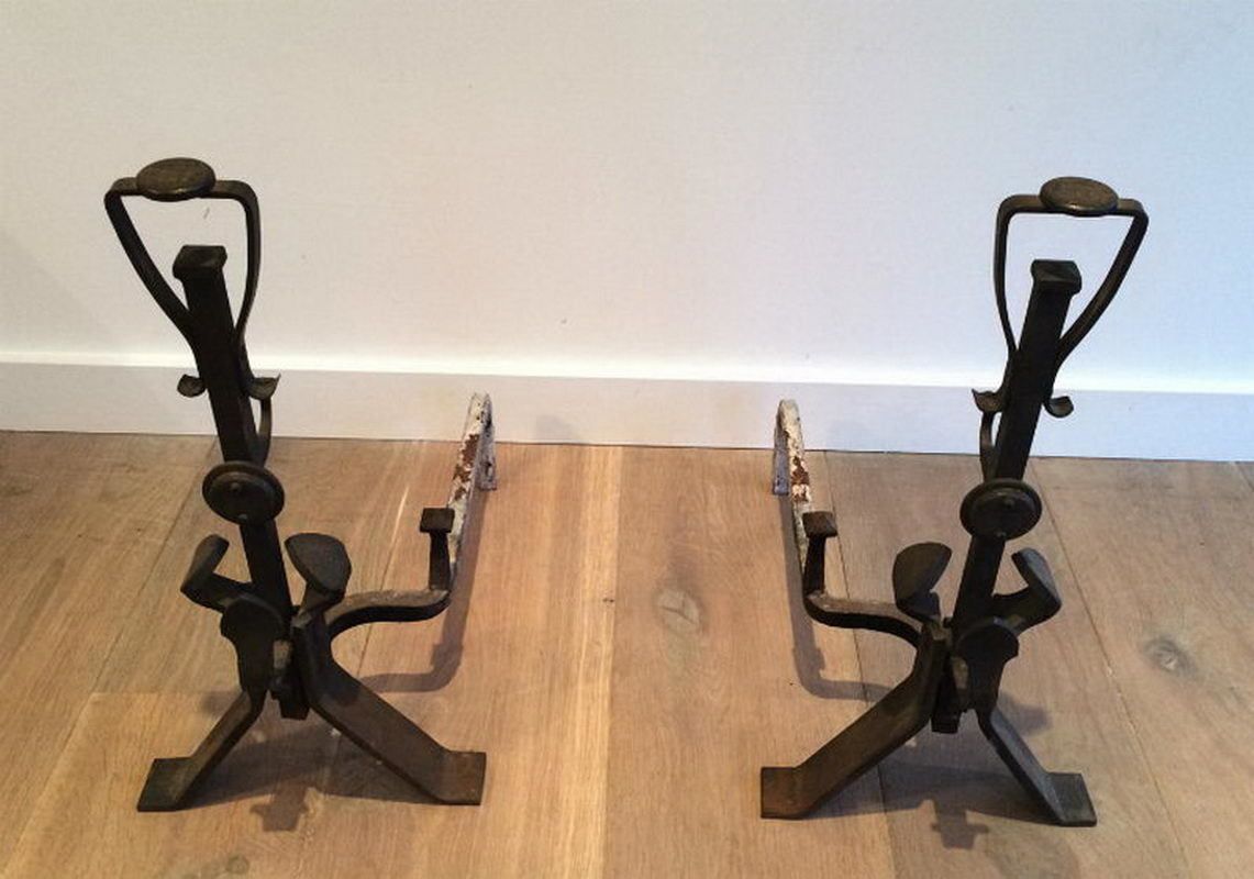 Pair Of Art And Craft Iron Andirons. Circa 1900 photo for sale