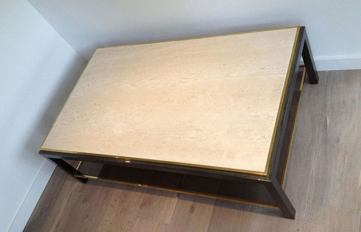 Beautiful Large Gun Metal Coffee Table With Travertine Top. French. Circa 1970 photo for sale