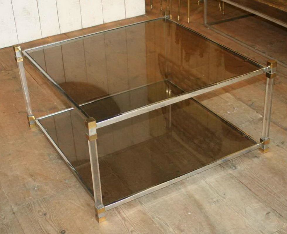 Lucite, Chromed, Brass And Smoked Glass Coffee Table. French. Circa 1970