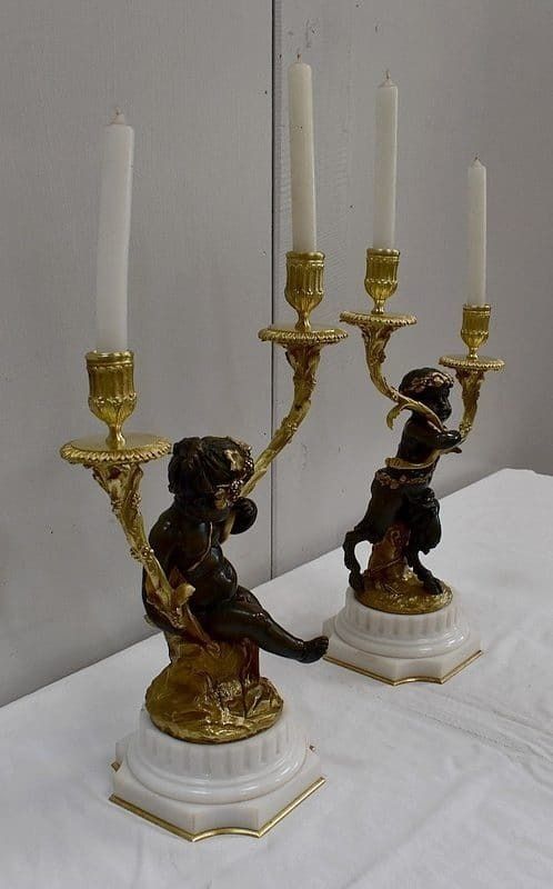 Pair Of Bronze Candelabras, "Un Amour Et Un Faune", After Clodion And Delarue , End Of The 19th Century
