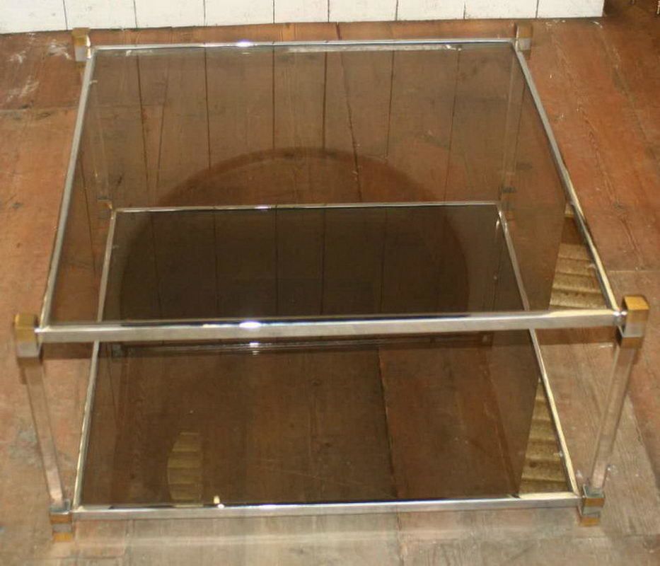 Lucite, Chromed, Brass And Smoked Glass Coffee Table. French. Circa 1970 photo 816.0