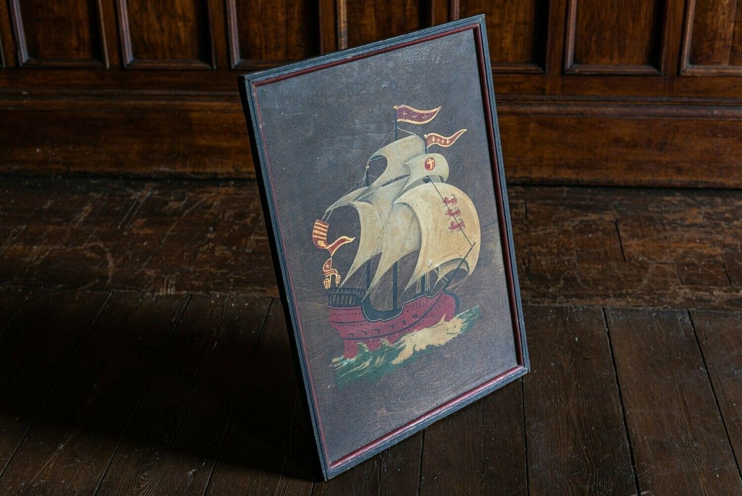 Naive Oil On Board English Galleon Ship Painting photo furniture