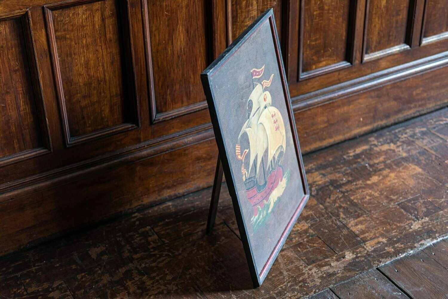 Naive Oil On Board English Galleon Ship Painting photo for sale
