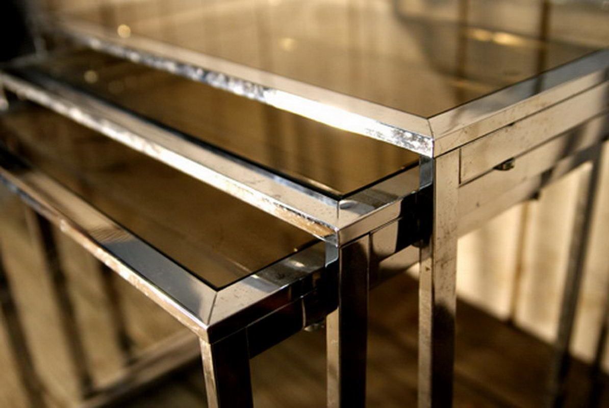 Set Of Chrome Nesting Tables With Smoked Glass. French. Circa 1970 photo for sale