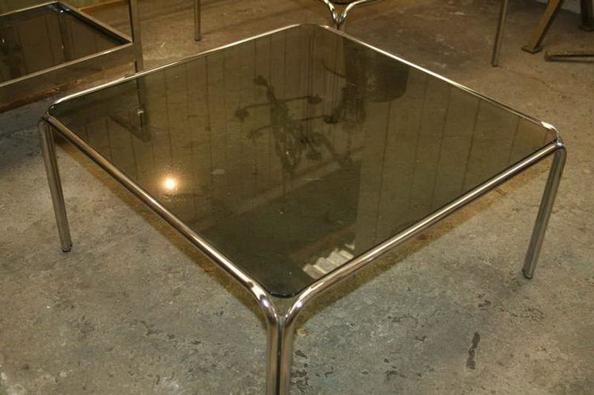 Pair Of Chrome Side Tables With Glass Tops. French. Circa 1970 photo for sale