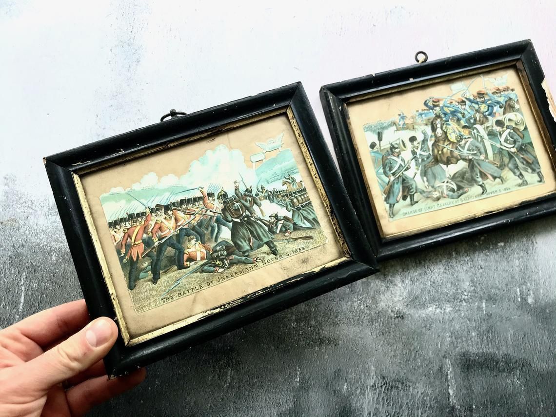 Pair Of Antique Victorian Balaclava Inkermann 1854 War Embossed Die Cut Davidson Brothers Chromolithographs