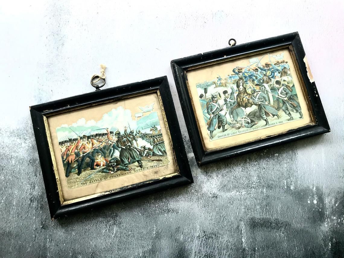 Pair Of Antique Victorian Balaclava Inkermann 1854 War Embossed Die Cut Davidson Brothers Chromolithographs photo furniture