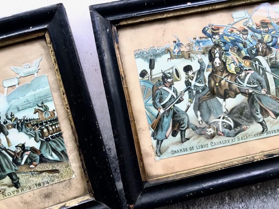 Pair Of Antique Victorian Balaclava Inkermann 1854 War Embossed Die Cut Davidson Brothers Chromolithographs photo Art