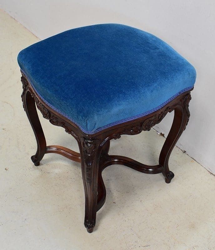 Stool In Blue Velvet And Rosewood, Modular Height, Louis XV Style, Napoleon III Period  19th Century photo Furniture