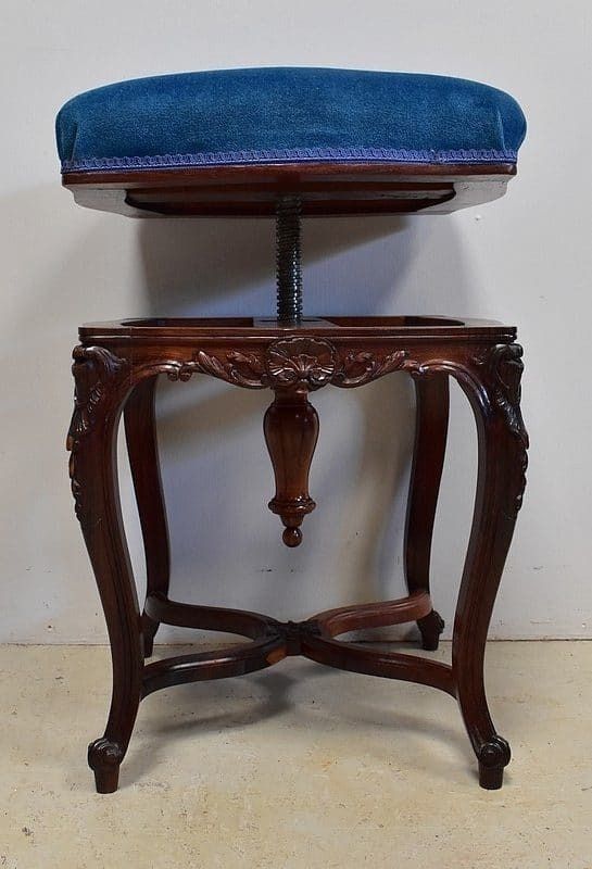 Stool In Blue Velvet And Rosewood, Modular Height, Louis XV Style, Napoleon III Period  19th Century photo buy