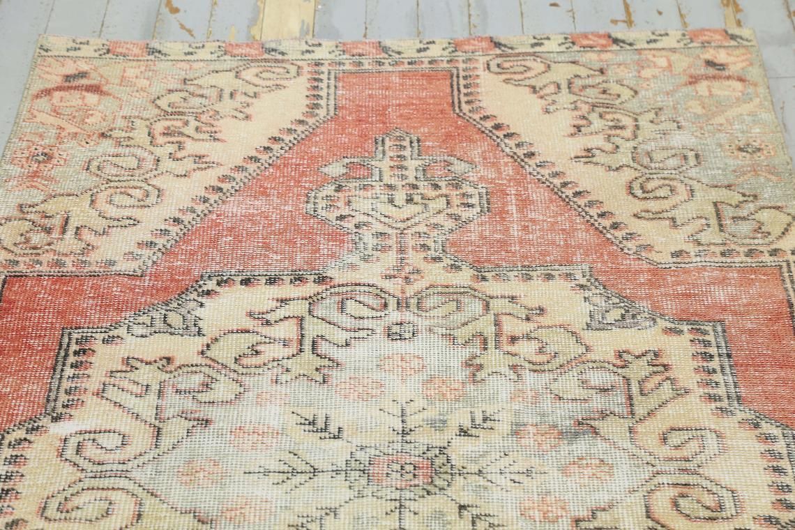 110x209 Cm Handmade Turkish Rug, Kitchen Rug, Home Decor, Luxury Area Rug, Oushak Rug, Faded Red Beige Rug, Handwoven Bohemian Wool Rug 3.6x6.9 Ft photo Textiles