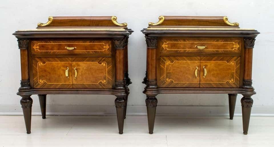 Pair Of Mid Century Italian Walnut And Cream Valencia Marble Nightstands, 1940s photo for sale