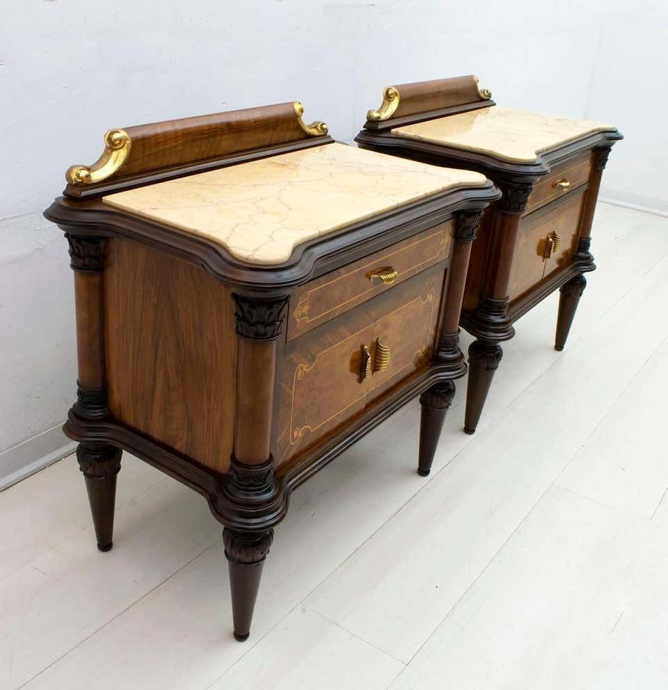 Pair Of Mid Century Italian Walnut And Cream Valencia Marble Nightstands, 1940s photo 3505.0