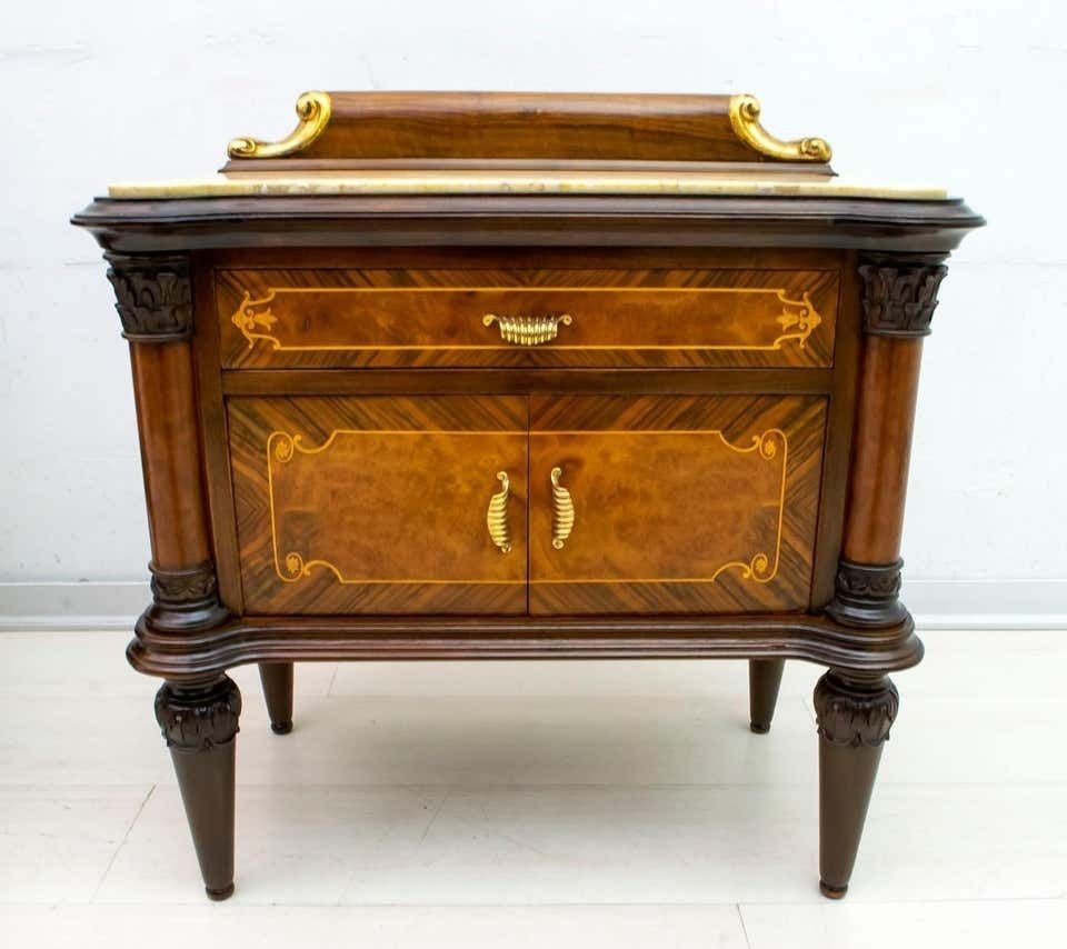 photo for sale Pair Of Mid Century Italian Walnut And Cream Valencia Marble Nightstands, 1940s