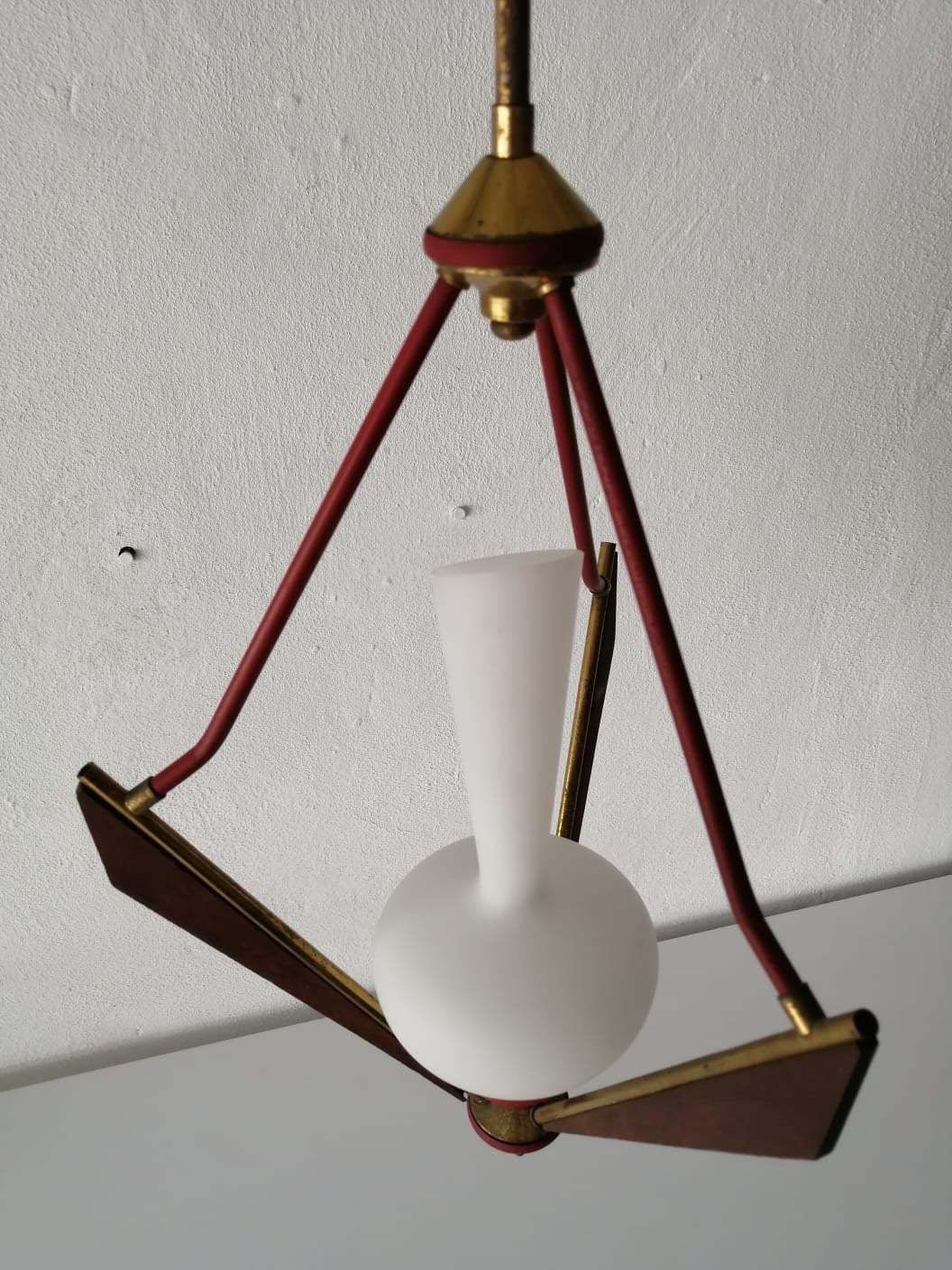Gorgeous Italian Design Opal Glass   Wooden & Brass Chandelier   1950s Italy photo 1049.04