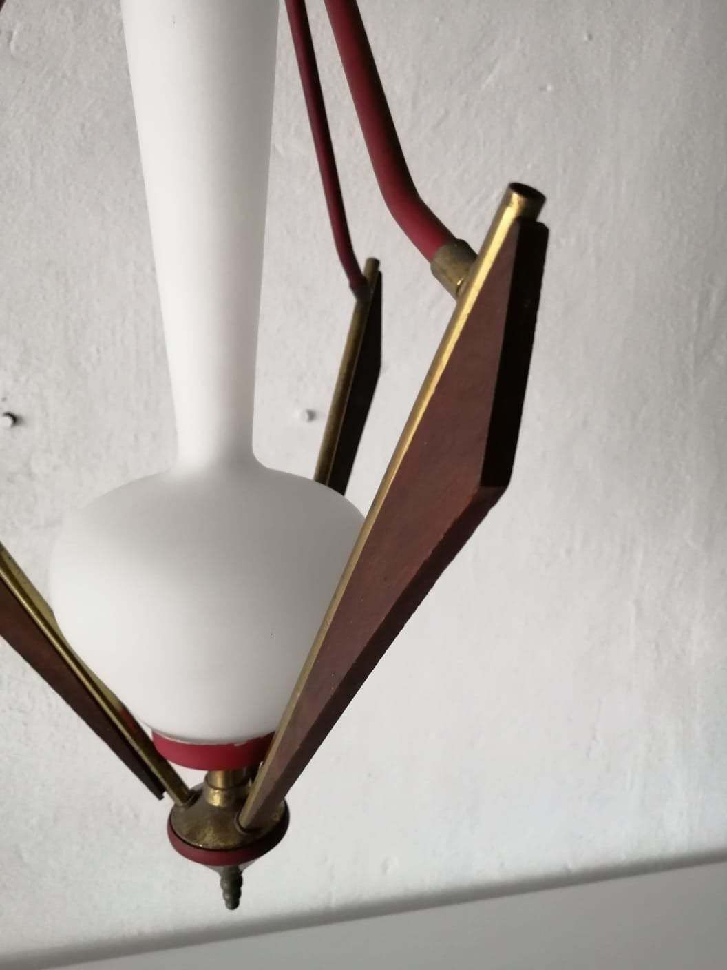 Gorgeous Italian Design Opal Glass   Wooden & Brass Chandelier   1950s Italy photo vintage