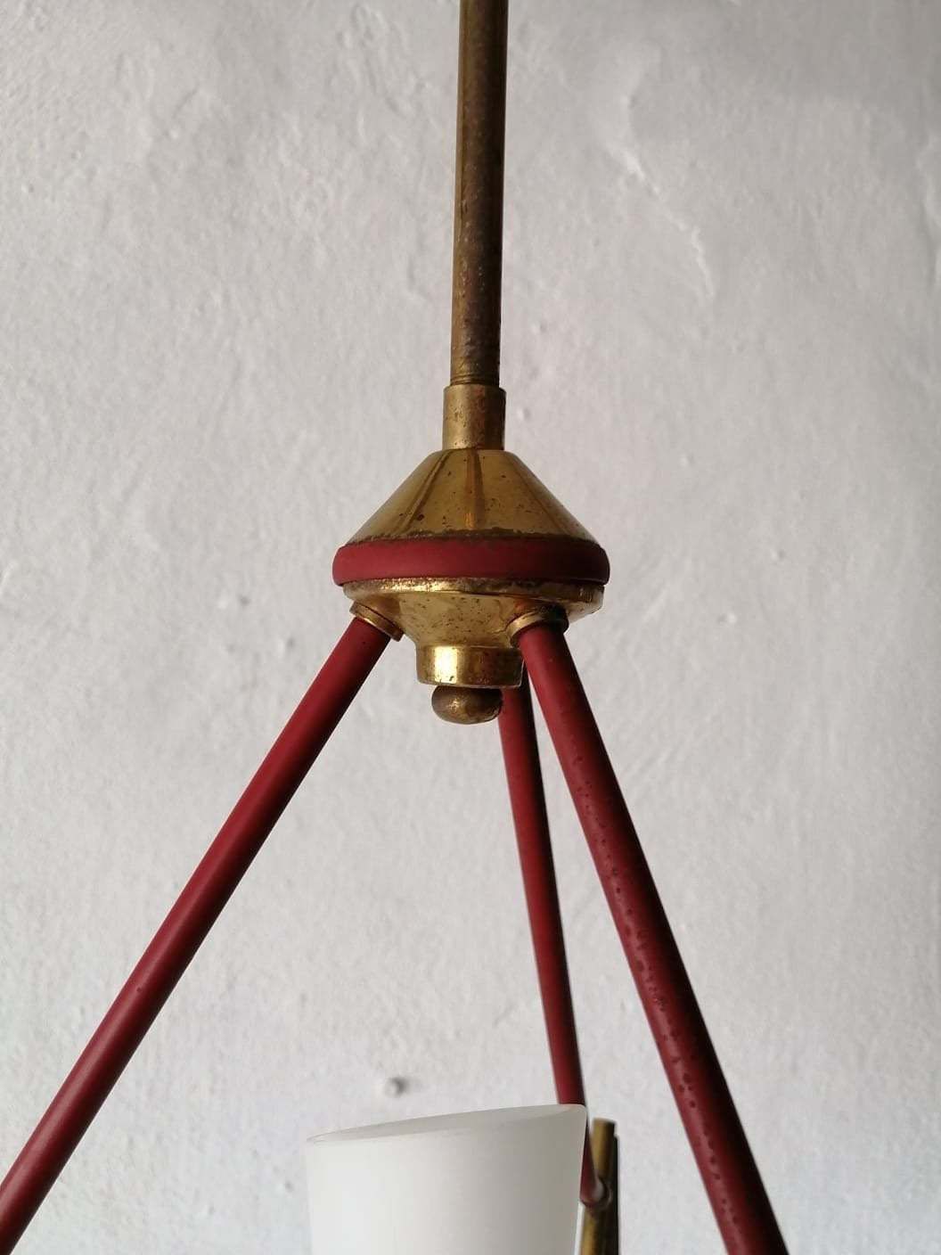 photo for sale Gorgeous Italian Design Opal Glass   Wooden & Brass Chandelier   1950s Italy