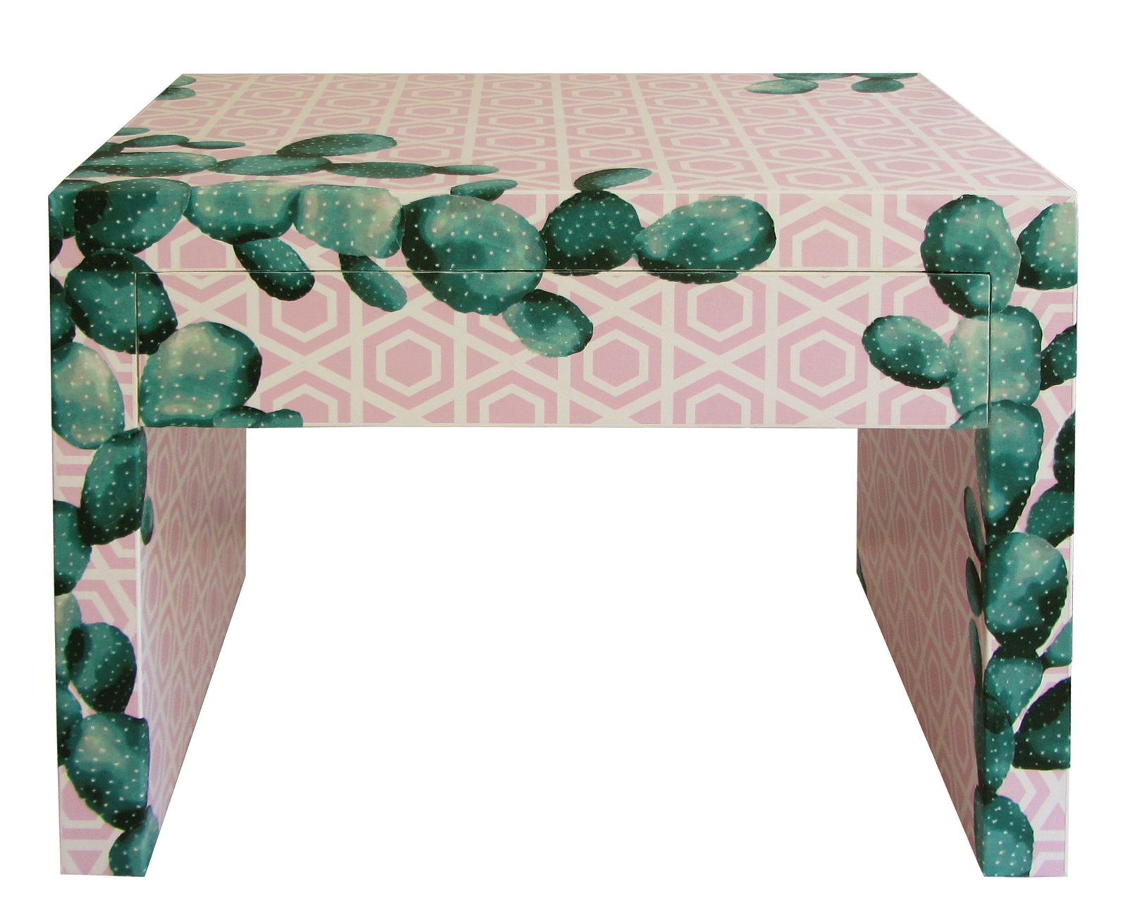 "Cactus Captured" Restyled Bedside Table By Habitat Improver With Recycled Wallpaper And Fabric Découpage
