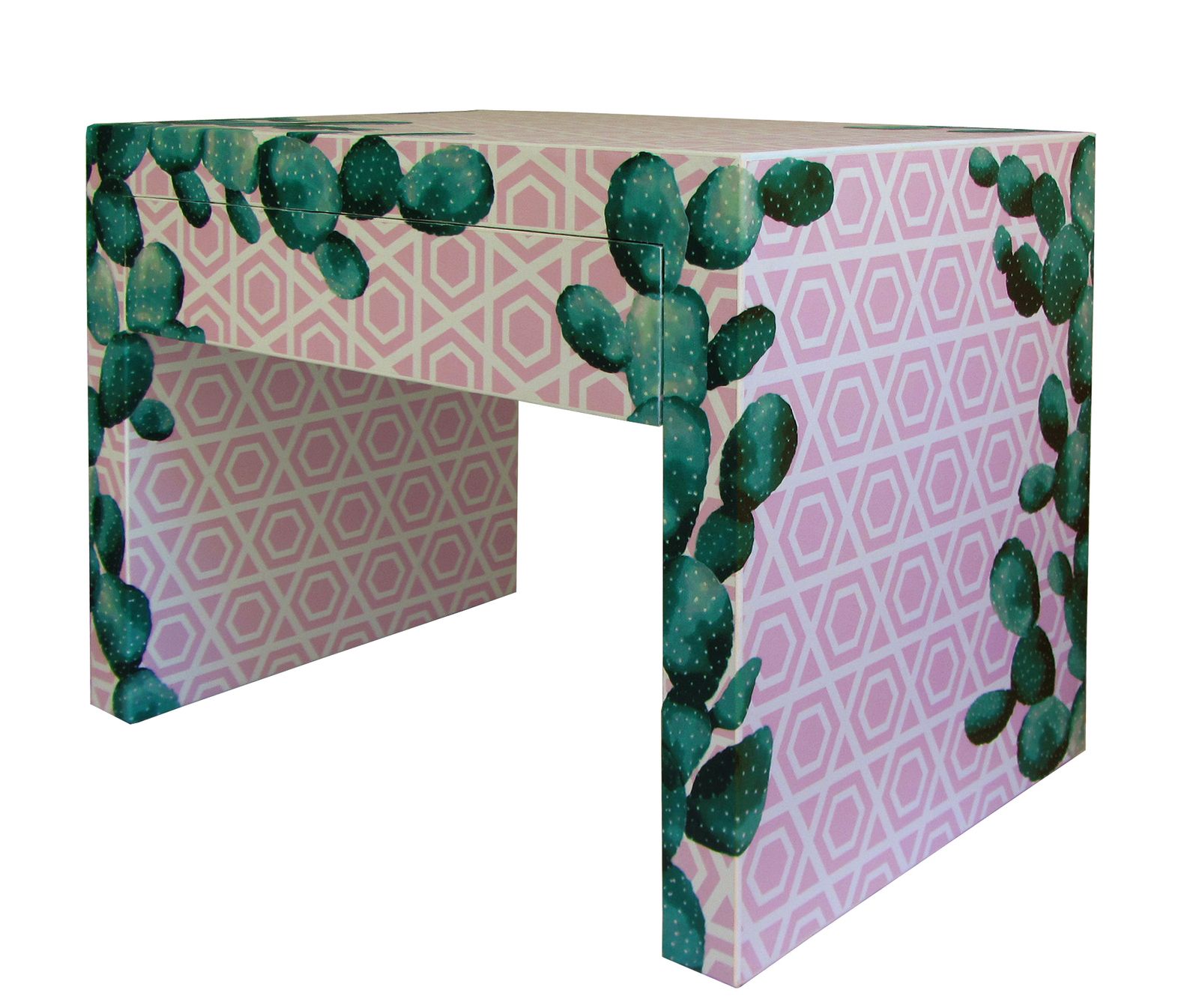 "Cactus Captured" Restyled Bedside Table By Habitat Improver With Recycled Wallpaper And Fabric Découpage photo vintage