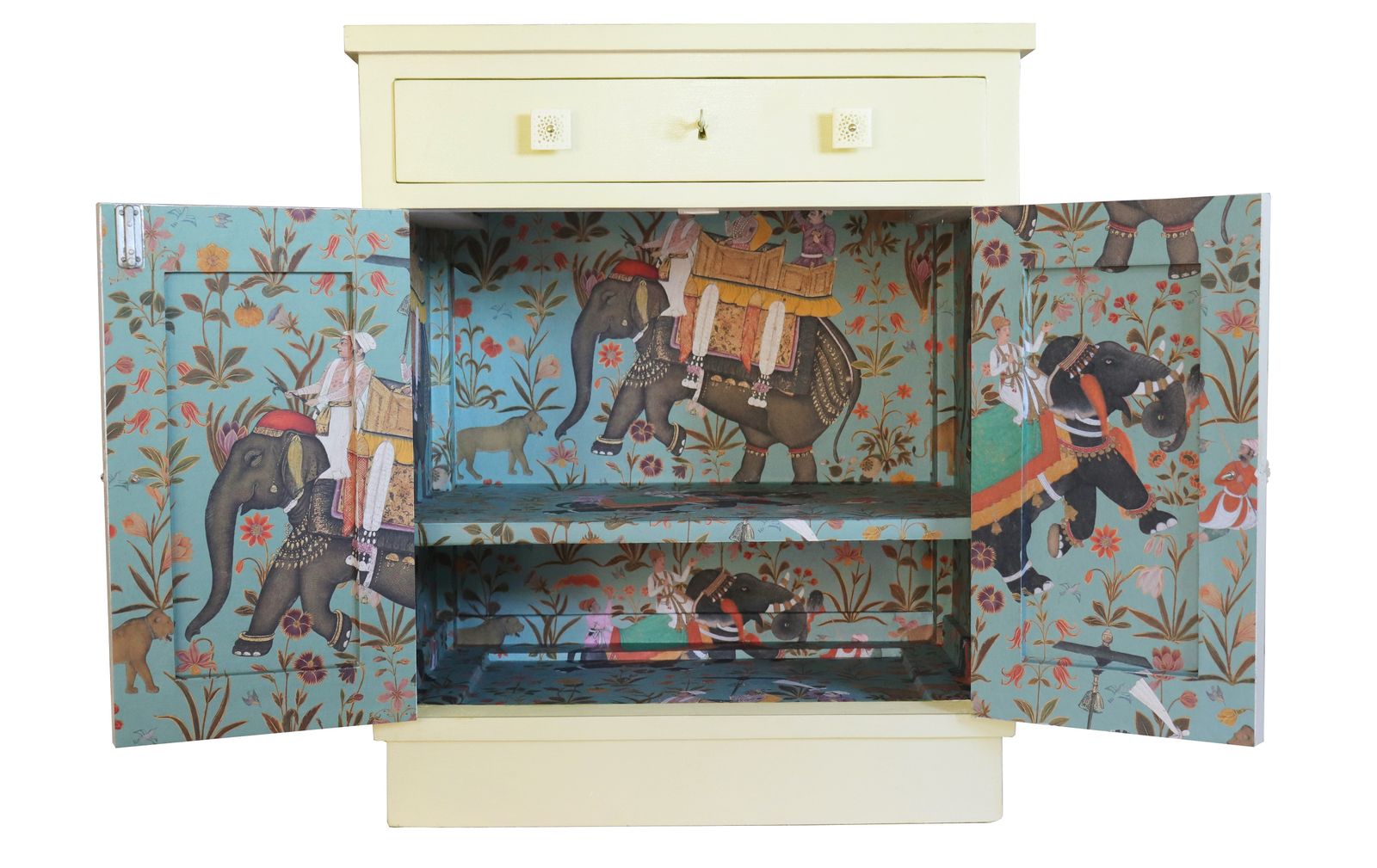 "Hindustani Paisley" Restyled Small Armoire By Habitat Improver With Textured/Printed Wallpapers And Ivory Paint