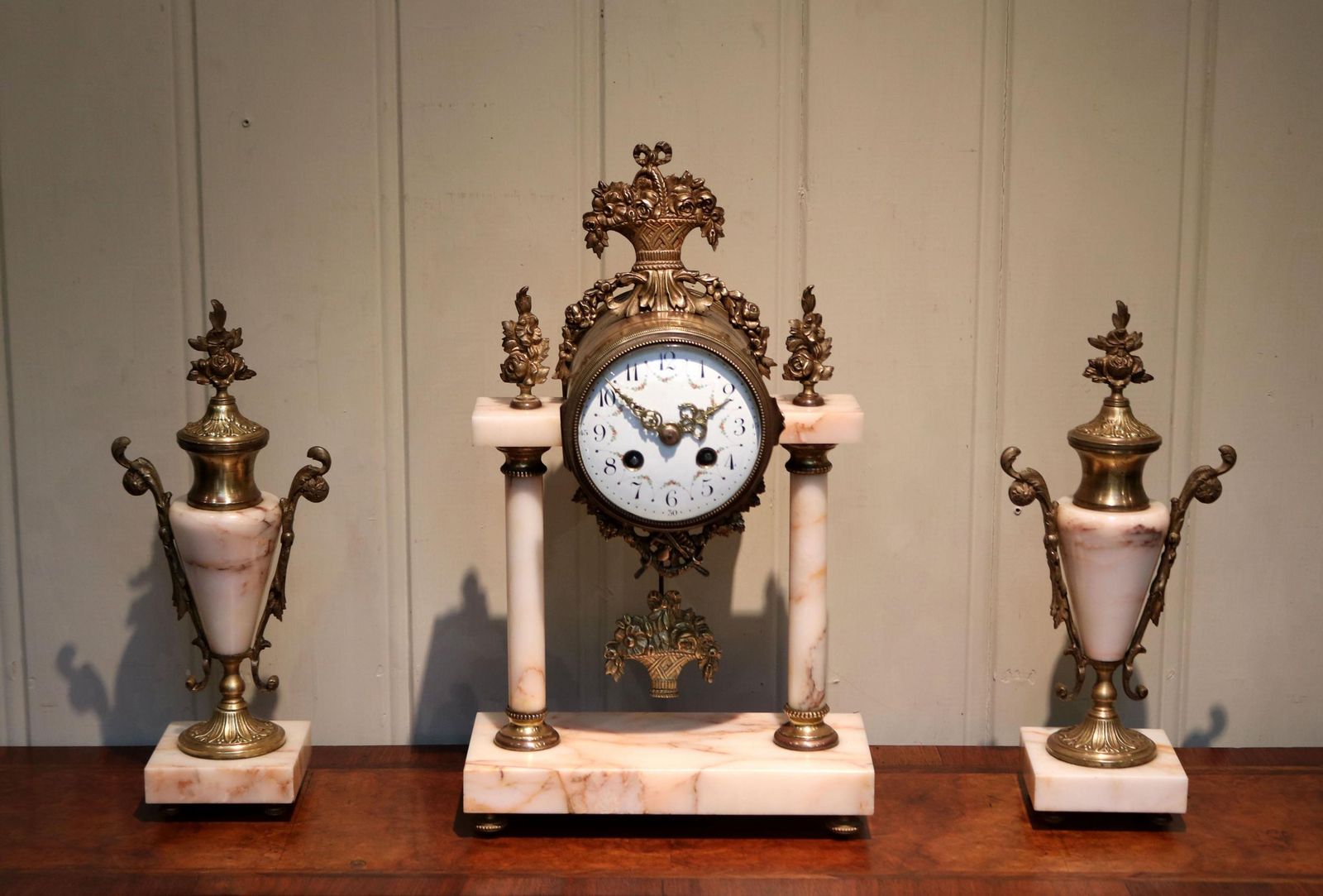 French Marble And Brass Clock Garniture
