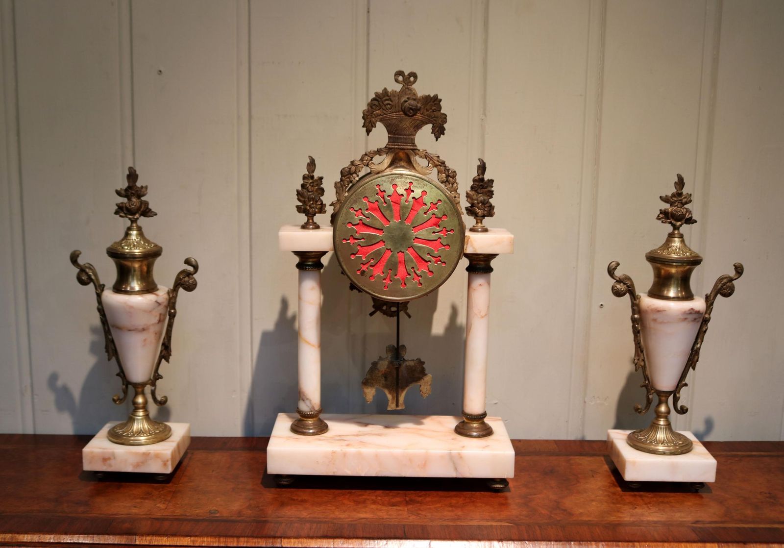 French Marble And Brass Clock Garniture photo vintage