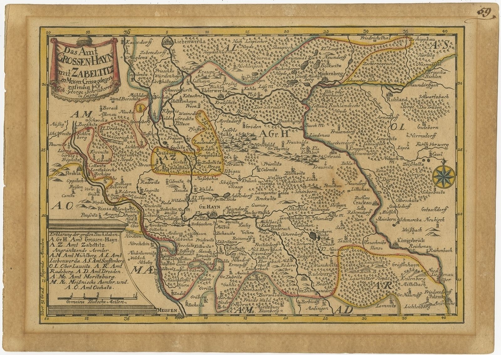 Antique Map Of The Region Of Grossenhain By Schreiber (1749)