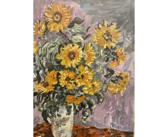Still Life Painting With Sunflowers Oil On Canvas 60s / 70s photo for sale