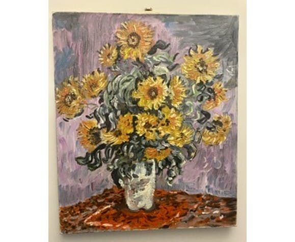 Still Life Painting With Sunflowers Oil On Canvas 60s / 70s photo vintage