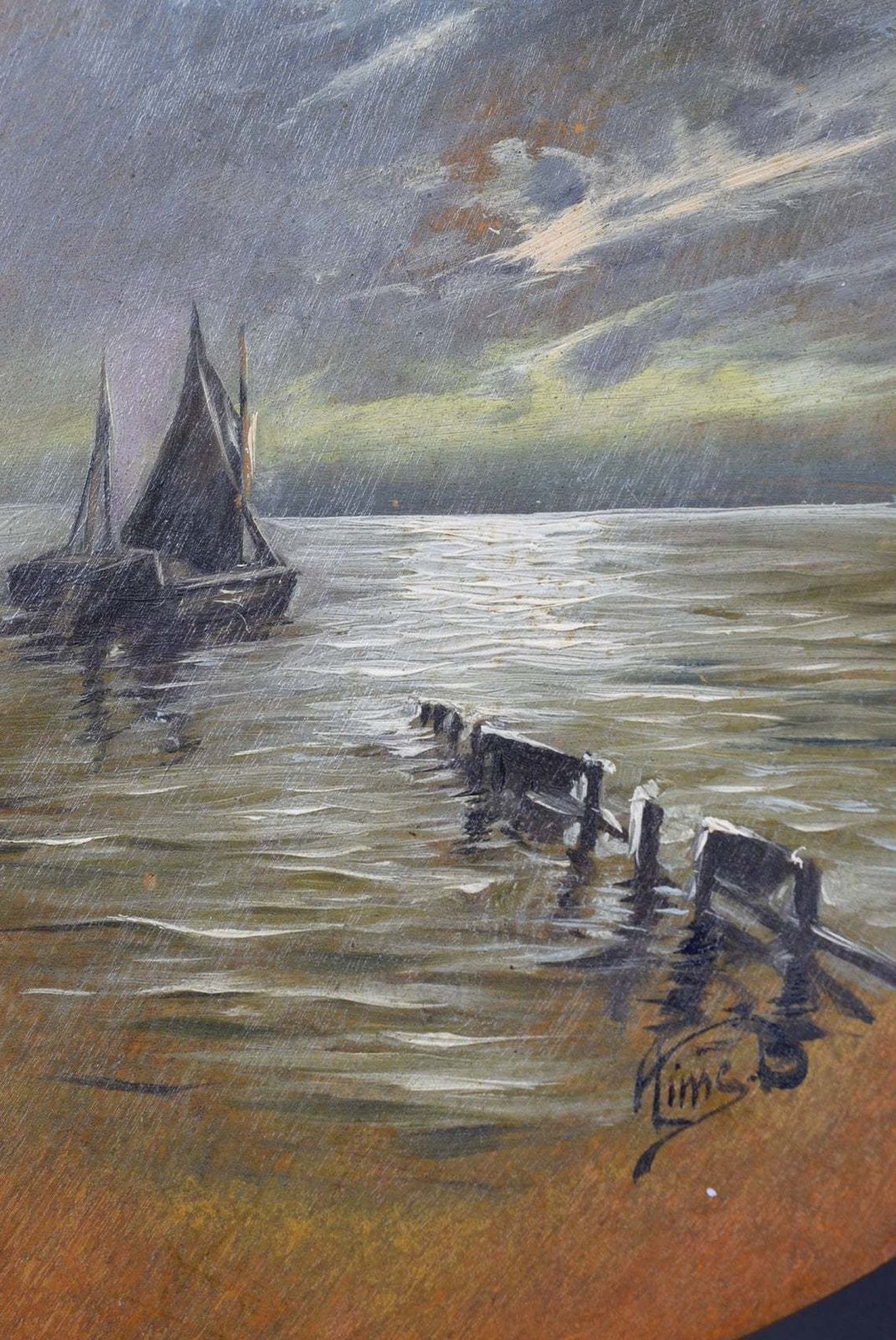 French Antique Oil Painting Seascape Sailboat Boat On Wood Artist Palette Signed photo 234.0