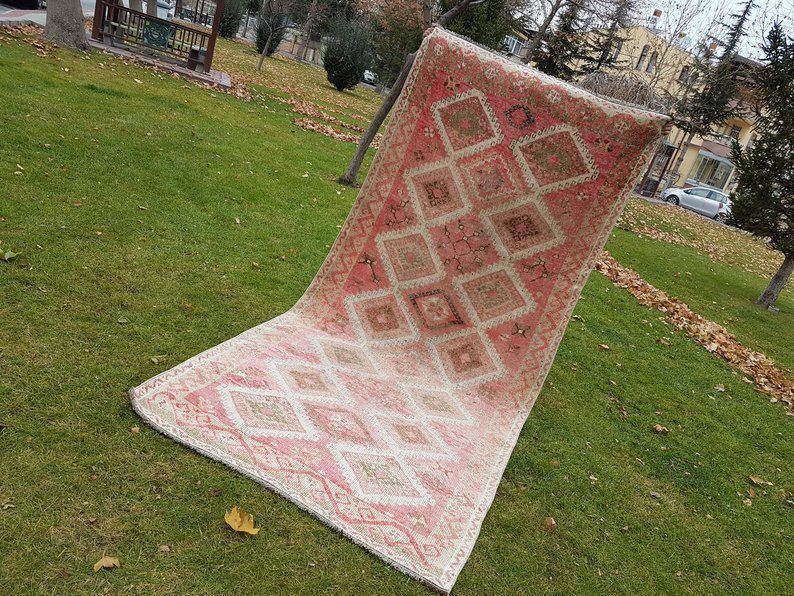 1970s Kitchen Rug, Area Rug Large Handwoven Wool Oushak Carpet Runner, Bohemian Decor Pastel Color Oriental Turkish Rug   4′11″ × 10′10″ photo vinterior