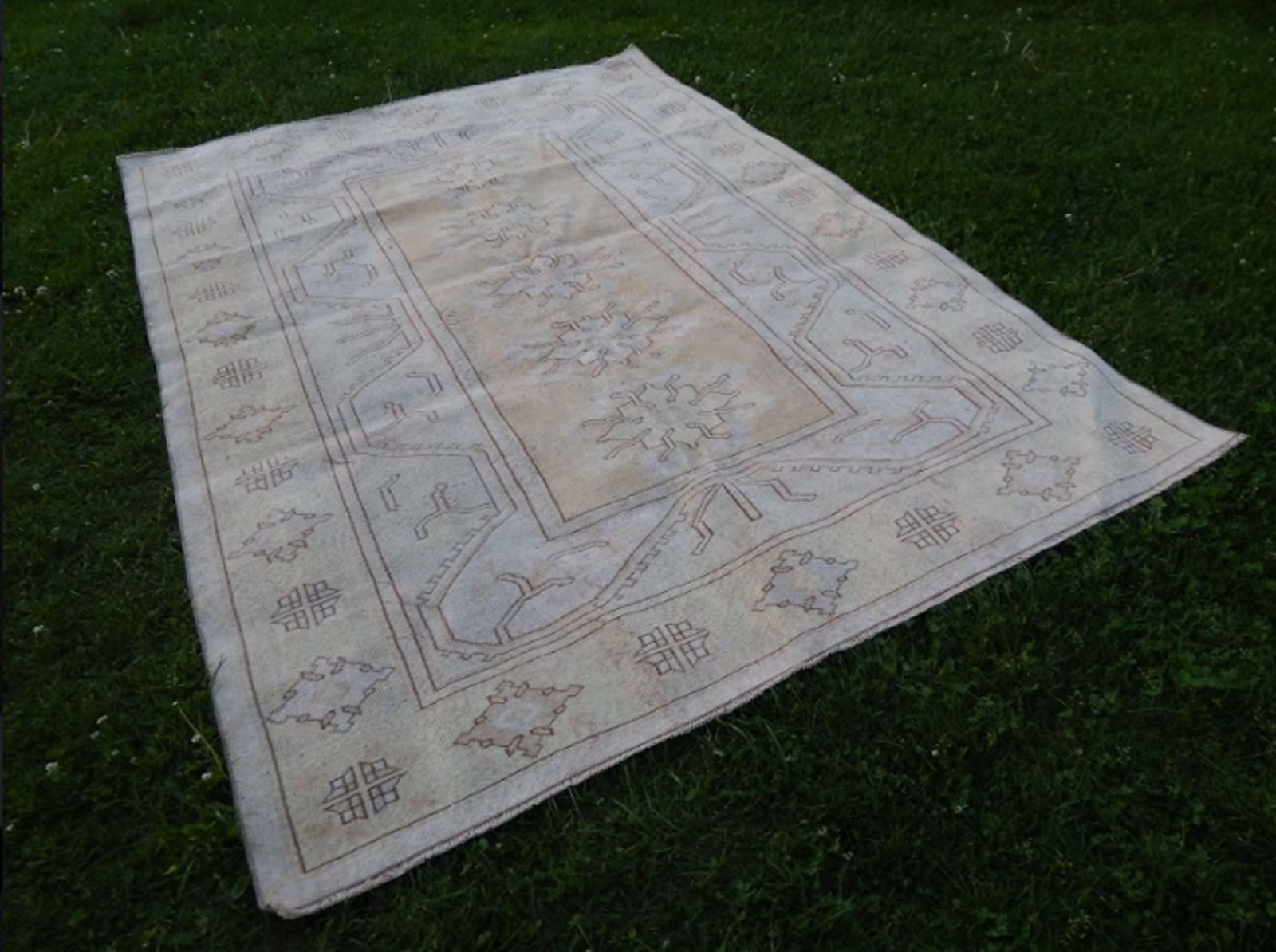 Vintage Hand Knotted Turkish Oushak Rug | Area Rug With Yellow Rich Border