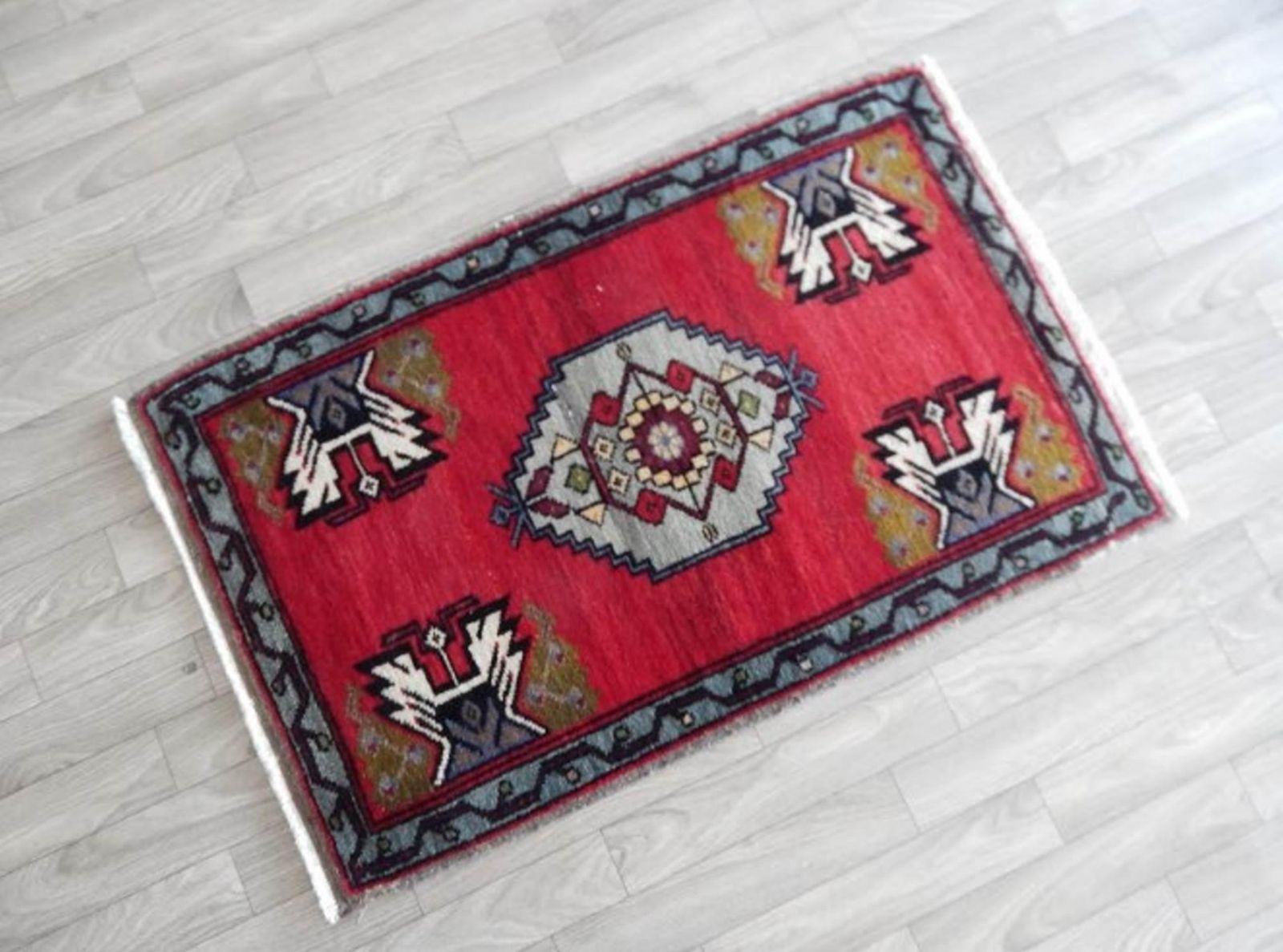 Small Turkish Rug Hand Knotted Distressed Low Pile Area Rug Faded Mat 1′9″ × 2′9″ photo furniture