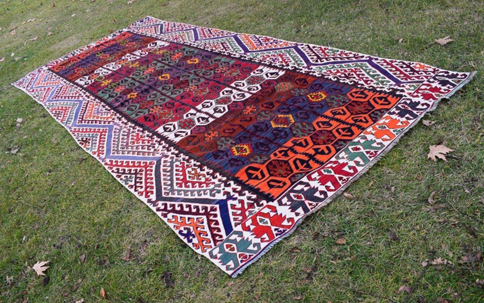 Colorful Vintage Kilim Rug With Tribal Style, Boho Chic Flat Weave Turkish Kilim 6.2 X 14.6 Ft. photo for sale