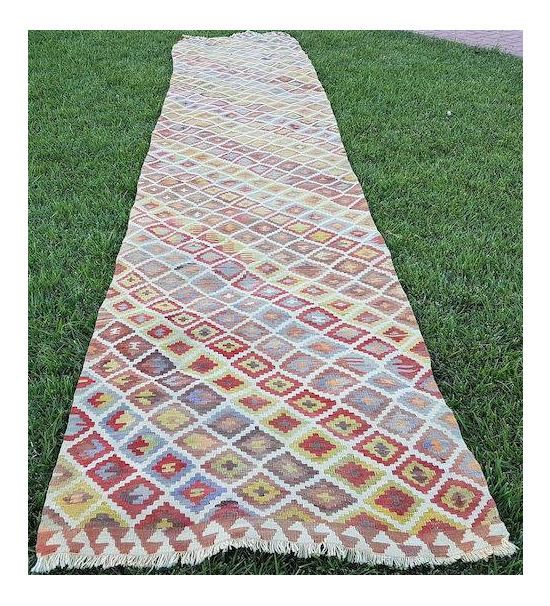 1970s Handmade Wool Multi Color Staircase Turkish Kilim Rug Runner 3′3″ × 16′3″