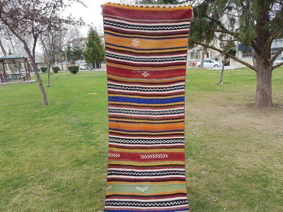 1970s Vintage Turkish Kilim Striped Runner Rug 2′5″ × 21′4″ photo for sale