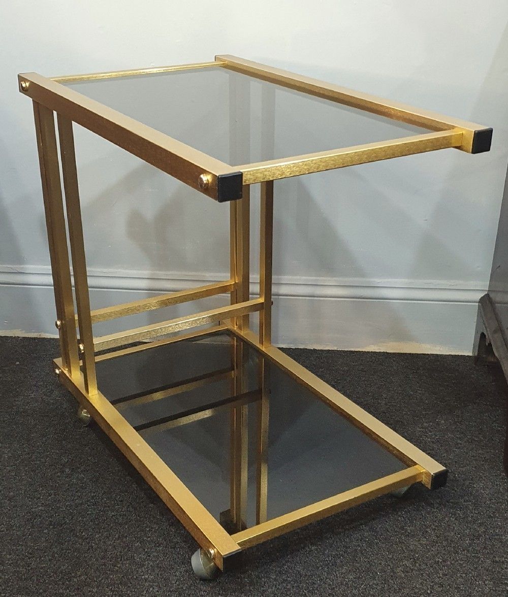 1970s Retro Vintage Drinks / Cocktail Trolley 2 Tier Smoked Black Glass & Brushed Gold Metal