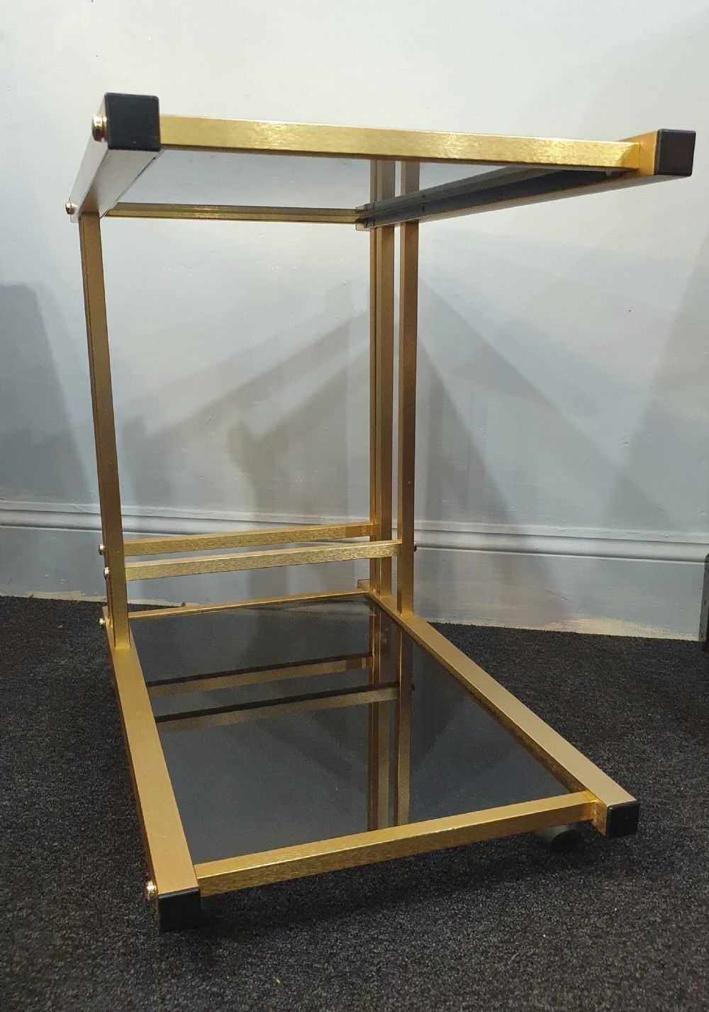 1970s Retro Vintage Drinks / Cocktail Trolley 2 Tier Smoked Black Glass & Brushed Gold Metal photo furniture