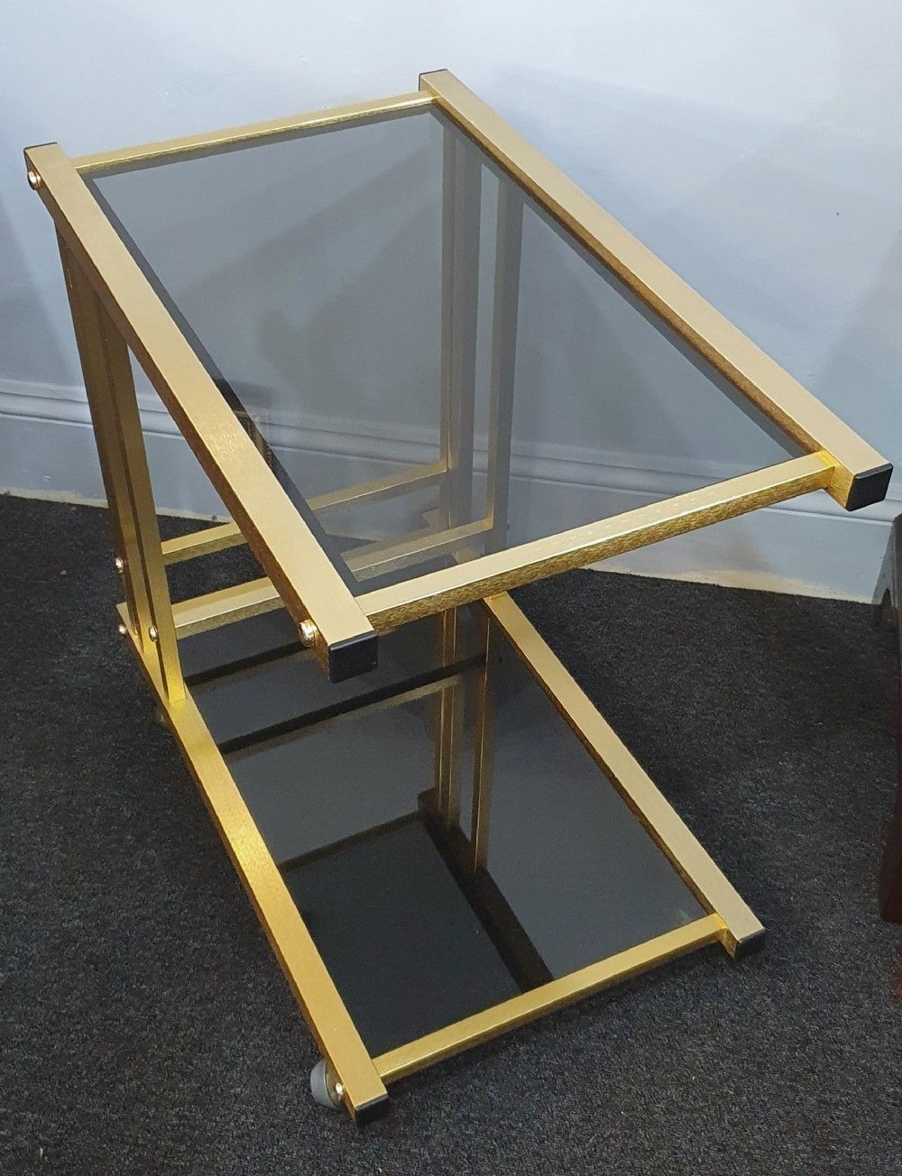1970s Retro Vintage Drinks / Cocktail Trolley 2 Tier Smoked Black Glass & Brushed Gold Metal photo for sale