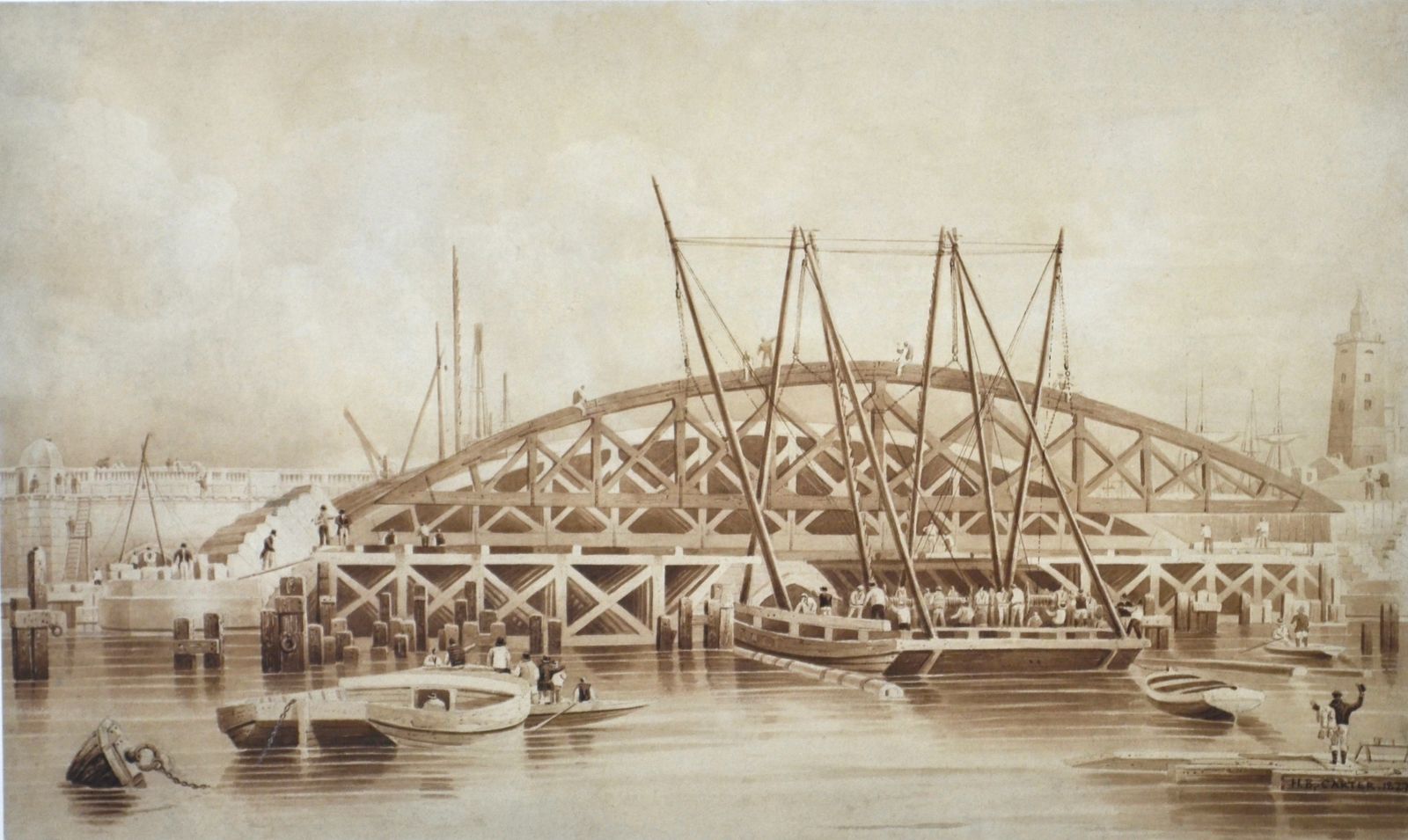 Henry Barlow Carter Early 19th Century Watercolour Of London Bridge