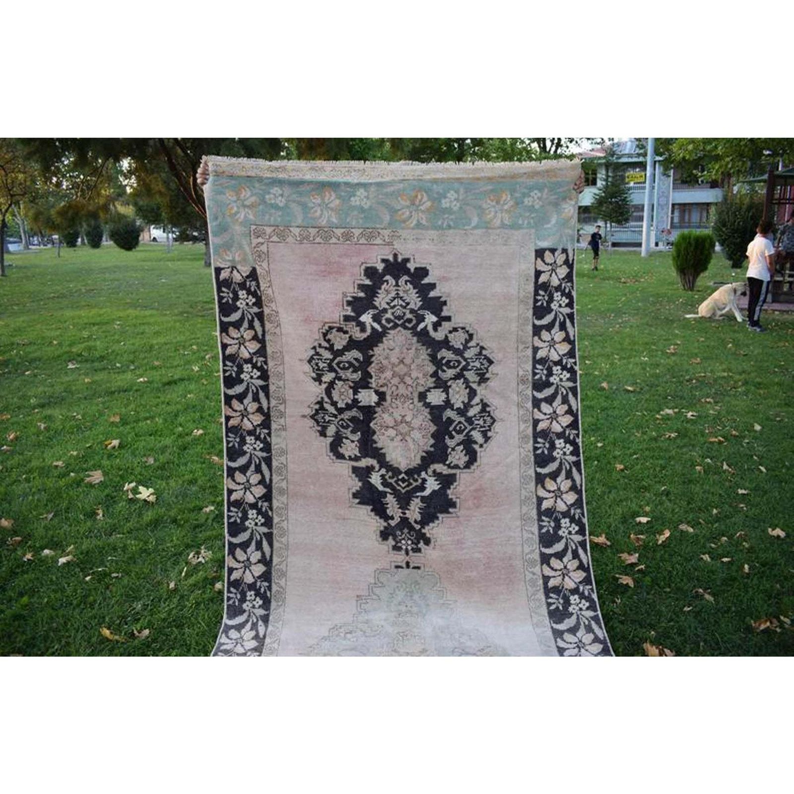 Modern Turkish Oushak Rug With Blue Field And Big Flower Medallions On Center, Accent Rug photo for sale