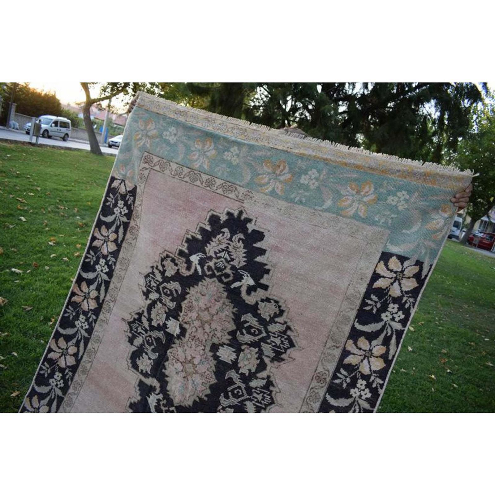 Modern Turkish Oushak Rug With Blue Field And Big Flower Medallions On Center, Accent Rug photo buy