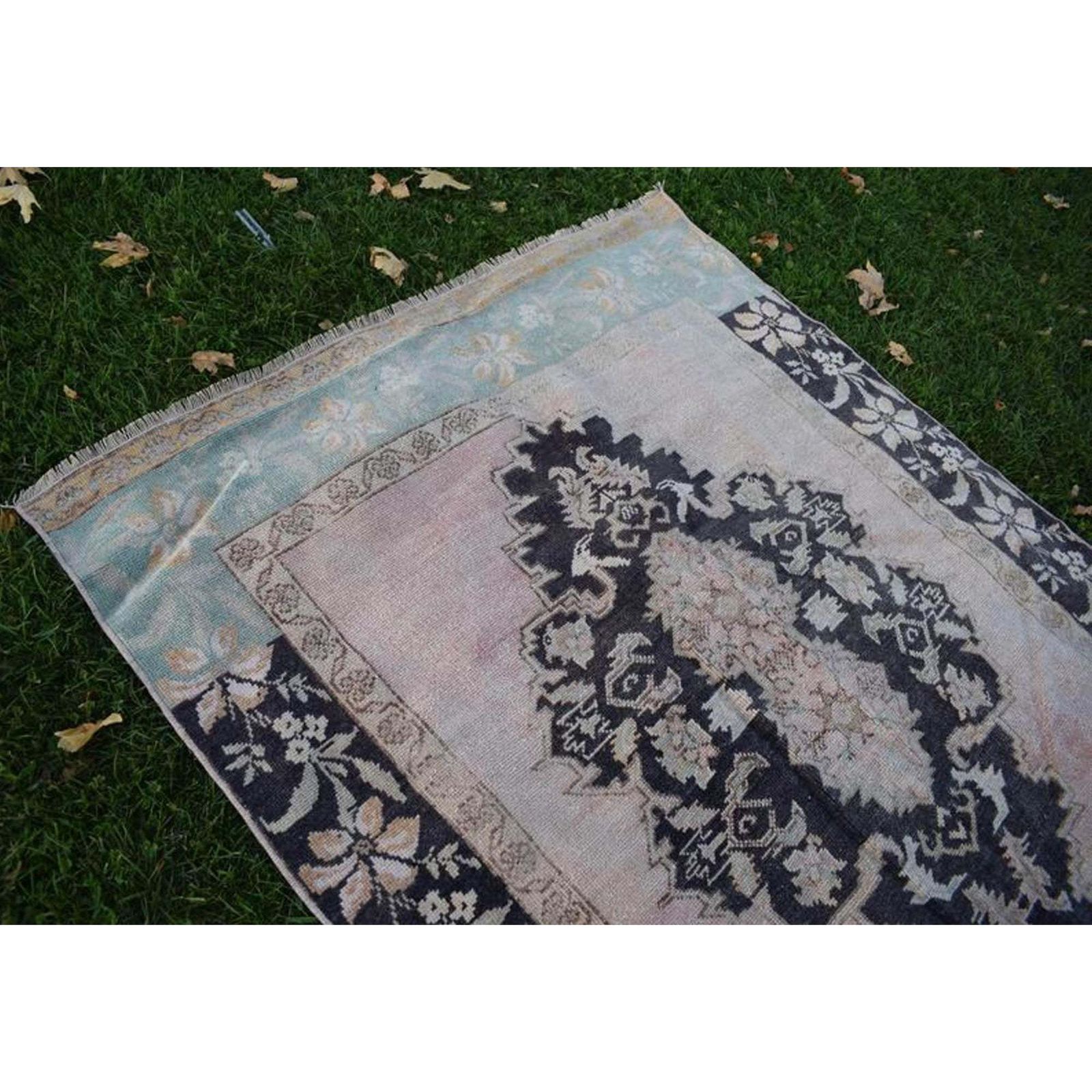 Modern Turkish Oushak Rug With Blue Field And Big Flower Medallions On Center, Accent Rug photo vintage